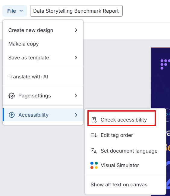 A screenshot of the Check accessibility button under File > Accessibility.