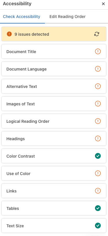 A screenshot of the Accessibility checklist panel as it appears in the Venngage Editor. Categories that pass have a green checkmark, and categories that need review have an orange exclamation mark