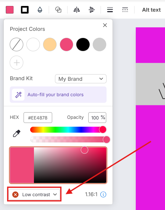 A screenshot of an element with bad color contrast, including a red "x" and the displayed color contrast ratio of 1.16:1.