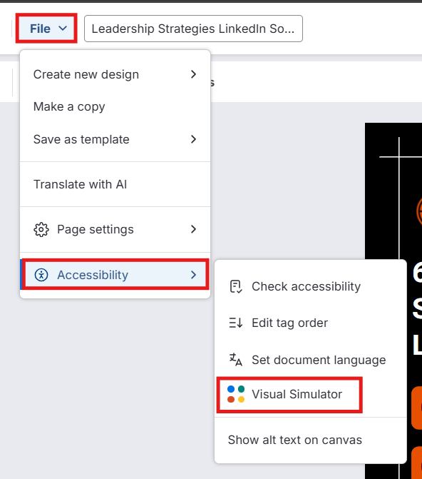 A screenshot of the File menu expanded to show Accessibility > Visual Simulator.