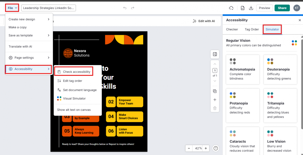 A screenshot of the second way to access the Visual Impairment Simulator - by opening the accessibility checker and then clicking "Simulator" in the panel that opens.