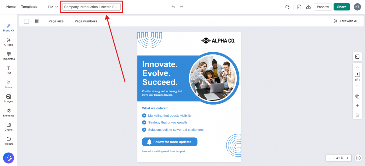 A screenshot of a sample Venngage infographic with a red arrow pointing to its title, located at the top of the editor.