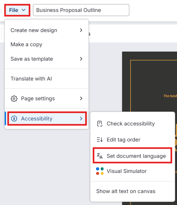 A screenshot of the flow to set the document language - first opening File, then Accessibility, then the language setting