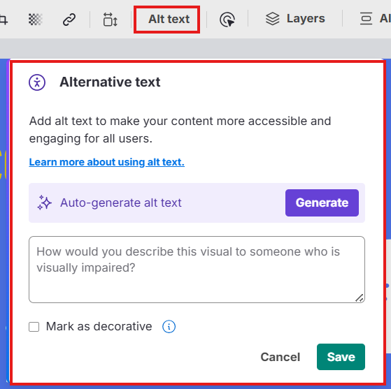 A screenshot of the alt text window that allows users to add the alt-text, along with the option to mark as decorative.