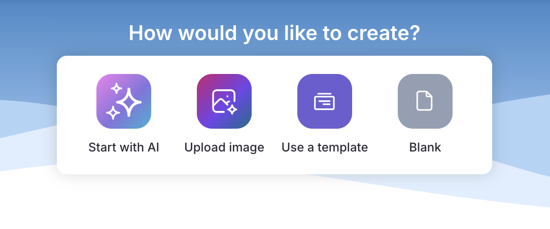 A screenshot of the top of the Venngage homepage prompting users how they would like to create their content: with AI, an uploaded image, a template, or blank/manual creation.